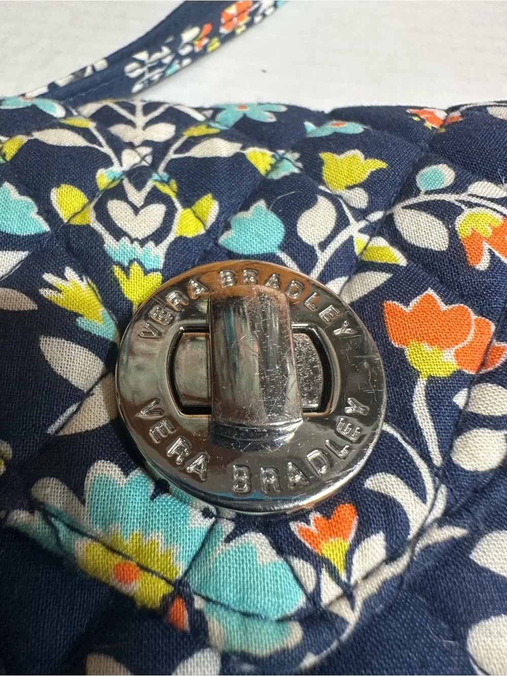 Vera Bradley Navy Quilted Floral Wristlet Wallet with Orange & Aqua Accents